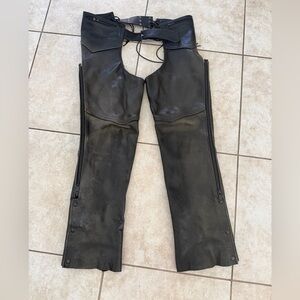 Leather Motorcycle Chaps Made in USA Adjustable – Size Large Zippers On Sides